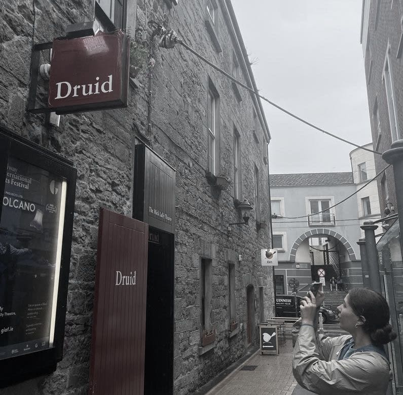 A view of the front door of the Druid Theatre. The sky is overcast.